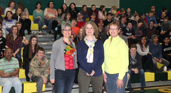 Transplant Manitoba Gift of Life held an information presentation for students on Tuesday, March 21 at Boissevain School. Roberta Koscielny (left) spoke about how to become an organ donor and the importance of doing so. Barb Kolomi (middle) spoke about her experience before and after receiving her heart transplant in 2016. Wanda Cameron (right) and Boissevain Palliative Care organized the presentations in Boissevain  PHOTO BY ANNA LATIMER