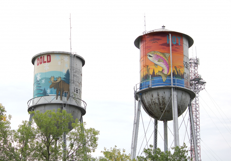 The new murals on Boissevain’s water towers represent an expansion of their previous theme, with a moose representing the cooler seasons and a splashing rainbow trout showing off the warmer times of the year.