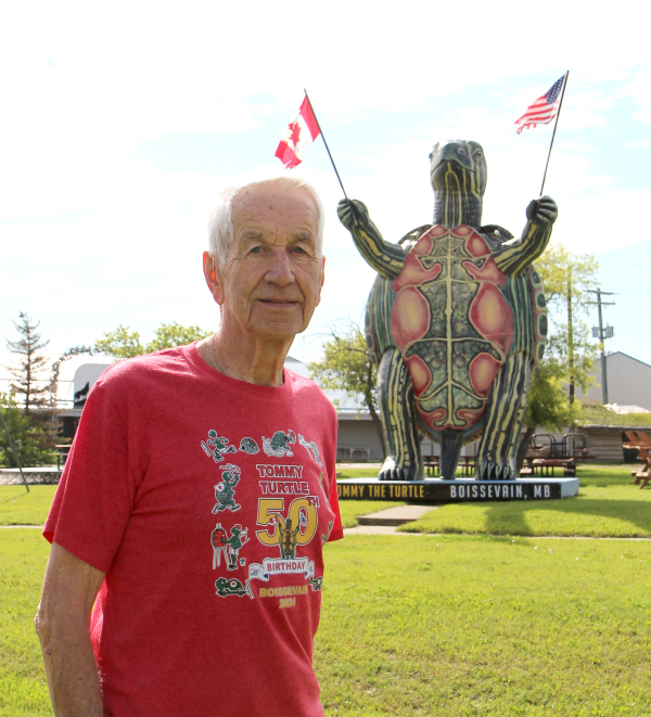 Tommy Turtle and one of the men who brought him to Boissevain. Wayne Pringle was one of several community members who felt the town needed a mascot and put time and money on the line to secure the huge, grinning reptile in 1974. Tommy still stands proud on the south end of Boissevain and is preparing for a 50th birthday bash. See more stories inside.
