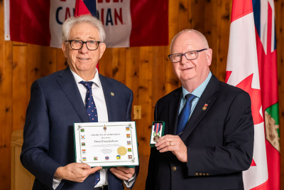 Brandon-Souris MP Larry Maguire (left) presents the King Charles III Coronation Medal to Darryl Jackson of Souris. Maguire announced he would not be running for re-election in his riding this April. The Conservative Party later stated Spruce Woods MLA Grant Jackson, Darryl’s son, would take his place on the ticket.