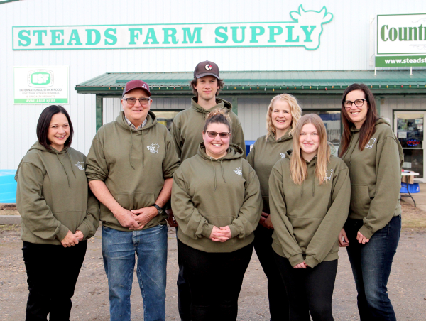 Steads Farm Supply celebrated 30 years at a special gathering with the public and customers on April 15, with their staff in attendance. Front (L-R): Amanda Vorster, David Stead, Rosalie Klassen, Ashlynn McCoy. Back: Matthew Stokes, Hazel Stead-Thorne, Ann Stokes.