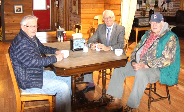Brandon-Souris MP Larry Maguire stopped in Boissevain on Wednesday morning, January 10 for a Meet and Greet. Boissevain residents Barrie Hole (left) and Don Ransom joined him for coffee at the Sawmill Tea &amp; Coffee Co.  