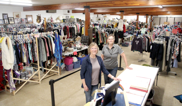 Judy McRuer (left) and Wanda Cameron with their huge inventory at Snazzy Seconds in Boissevain.