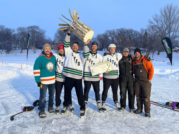 Organizers and members of the champion Reston River Rats celebrate the first ever championship at Rink the River.  (L-R): Bruce Swaenepoel (organizer), Team River Rats Riley Bodin, Cody Bertholet, John Patmore, Zack Hodgson, organizers Kolton Kowalchuk, Blair Penno.