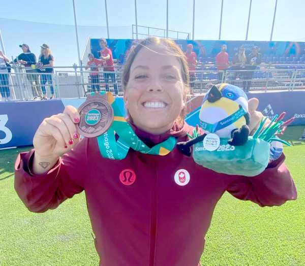 Zoe Hicks of Boissevain showed off her bronze medal and other souvenirs after the Canadian National Women’s Team beat Mexico 7-0. Hicks had a great tournament at the plate, picking up big hits throughout.