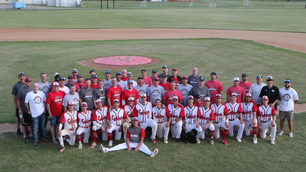 Alumni of the Boissevain Centennials gathered to watch the Cents game on June 27. Back Row (L-R): Weston Turner, Al Hicks, Earl Roberts, Ryan Albrecht, Scott Ransom, Ryan Stewart, Ron Cook, Jason Billaney, Darv Adamson, Greg Riddell, Kenn Riddell, Jeff Ransom. Third Row: Derek Kempthorne, Corey Billaney, Keith Forsyth, Kyle Turner, AJ Armstrong, Chris Graham, Lee Sprott, Echlin Billaney, Greg Workman, Curt Gray, Matt McCorrister, Brett Turner, Wayne Clyne, Griffin Albrecht, Jared McCorrister. Second Row: Scott Coates, Kevin Wood, Ken Pringle, Jagger Thomas, Carter Cowlthorp, Darwin Wray, Barry Lamb, Ritchie Shaw, Todd Turner, Greg Warner, Donnie Vandoorne. Front: Drew Hilhorst, Tyson Pringle, Dallas Foote, Jay Pringle, Tanner Clyne, Skylar Canada, Austin Clyne, Josh Wood, Connor Graham, Brett Laing, Jordan Foote, Tyler Robertson, Zane Sawyer, Conner Martin, JR Brake. Missing: Ivan Strain and Murray Duncan.