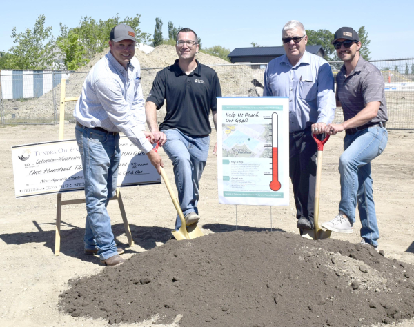 Tundra Oil &amp; Gas reps (L-R): Avery Brigden - Surface Land Rep, Rob Tompsett - Field Safety Coordinator, and Brett Morrison (far right) - Operations Engineering Technician, presented a $100,000 cheque to Deloraine-Winchester Head of Council Kelly McMechan for the new aquatic centre. 
