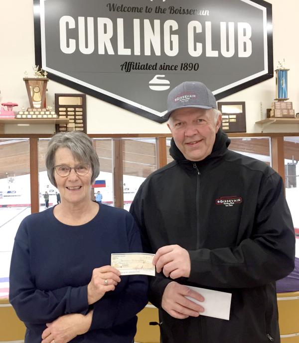 The Boissevain UCT Council #940 recently made the decision to close down, effective the end of the month. After 27 years of service to the community, an aging and smaller group was no longer able to continue. They did make a final contribution to the community with four donations, including $2,500 to the Boissevain &amp; Morton Foundation. Wendy Clyne of UCT gives $1,000 to Larry Rainnie, Preident of the Boissevain Curling Club.