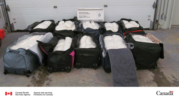 The largest seizure of narcotics in prairie history was found in a semi-trailer at the Boissevain port of entry on January 14. Officials discovered 406 kg of methamphetamine packed in large suitcases. 